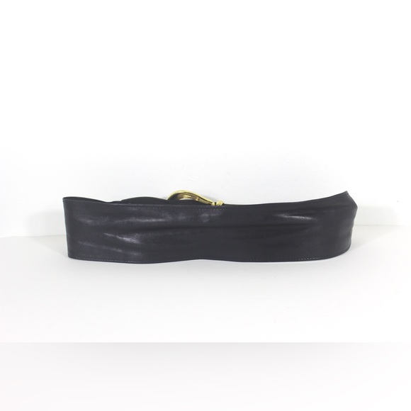 1980’s Wide Black Leather Belt with Big Gold Buckle - Picture 4 of 6